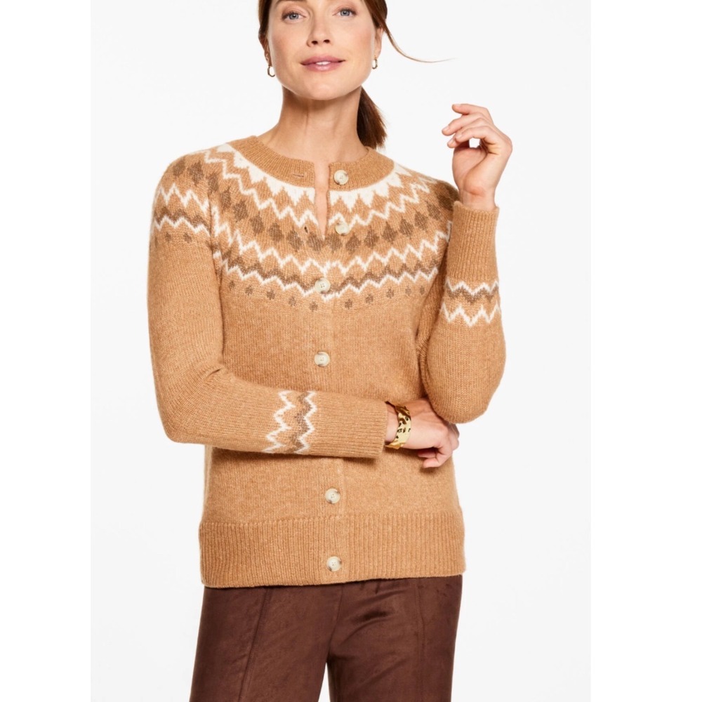 Talbots Fair Isle Cardigan Sweater Women Medium Brown Wool Blend Button Front